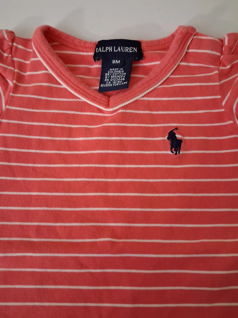 Ralph Lauren Baby Girls Coral Pink White Striped V-Neck Knit Dress 9M